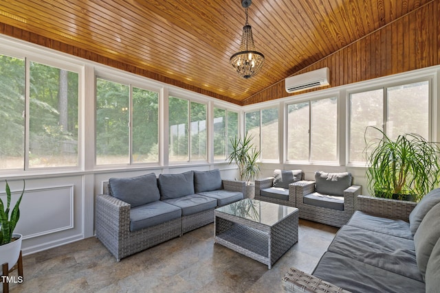 1802 Abby Knoll Dr, Apex, NC 27502 - sunroom / solarium with a wall unit AC, vaulted ceiling, an outdoor hangout area, and a chandelier