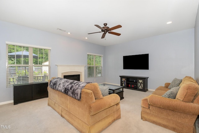118 Truss Way, Durham, NC 27704 - living room featuring a fireplace, a ceiling fan, light carpet, and recessed lighting