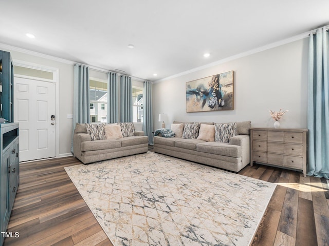 1650 Singing Bird Trl, Wake Forest, NC 27587 - living area featuring ornamental molding, dark wood-type flooring, and recessed lighting