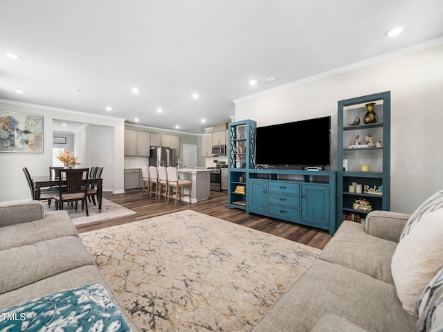 1650 Singing Bird Trl, Wake Forest, NC 27587 - living room featuring crown molding, dark wood-style floors, and recessed lighting