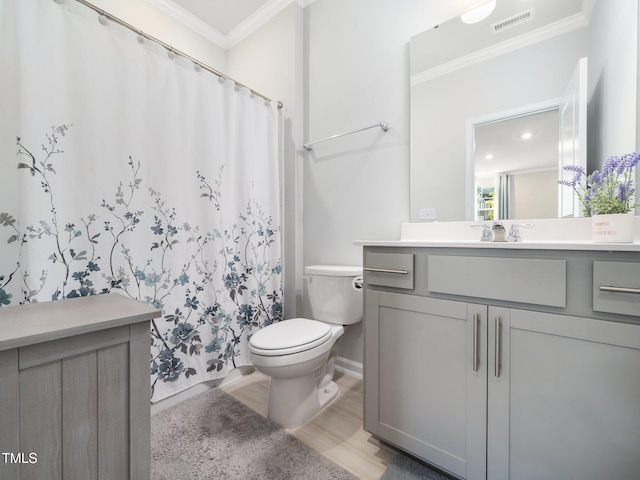 1650 Singing Bird Trl, Wake Forest, NC 27587 - full bathroom featuring ornamental molding, vanity, wood finished floors, and a shower with shower curtain