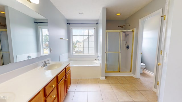 14 Gloucester Ct, Cameron, NC 28326 - bathroom featuring a garden tub, a shower stall, double vanity, and tile patterned flooring