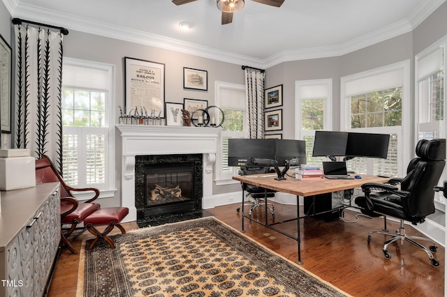 12452 Richmond Run Dr, Raleigh, NC 27614 - office area with wood finished floors, ornamental molding, ceiling fan, and a high end fireplace