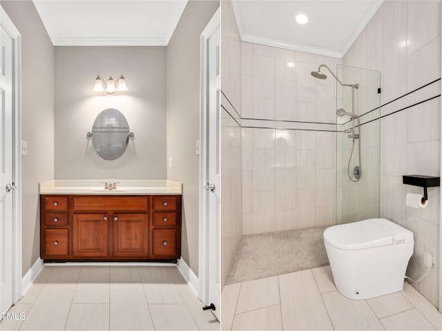 12452 Richmond Run Dr, Raleigh, NC 27614 - full bath with crown molding, a walk in shower, vanity, and tile patterned floors