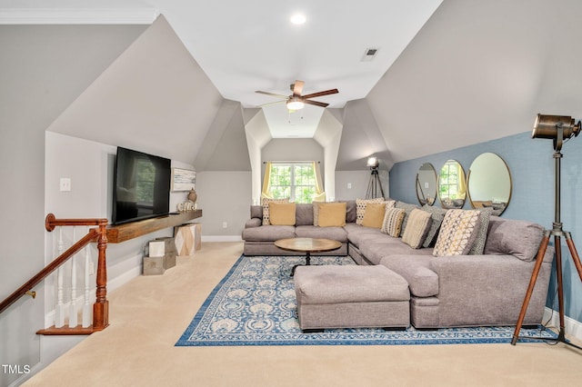 12452 Richmond Run Dr, Raleigh, NC 27614 - carpeted living area with a ceiling fan and vaulted ceiling