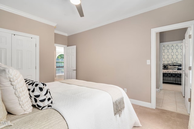 12452 Richmond Run Dr, Raleigh, NC 27614 - bedroom with light carpet, ornamental molding, a ceiling fan, and a closet