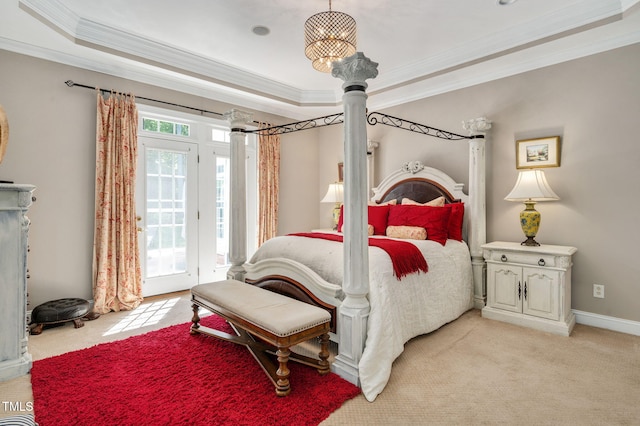 12452 Richmond Run Dr, Raleigh, NC 27614 - bedroom featuring crown molding, access to exterior, and light carpet