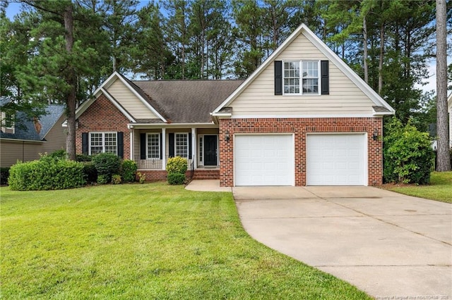 85 Shining Water Ln, Spring Lake, NC 28390 - traditional-style house with brick siding, concrete driveway, a front lawn, a porch, and a garage