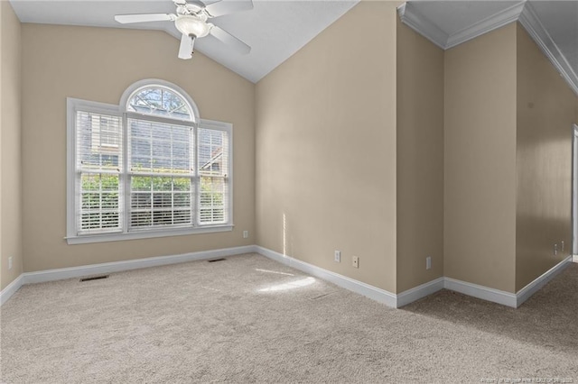 85 Shining Water Ln, Spring Lake, NC 28390 - empty room with carpet floors, vaulted ceiling, a ceiling fan, and crown molding