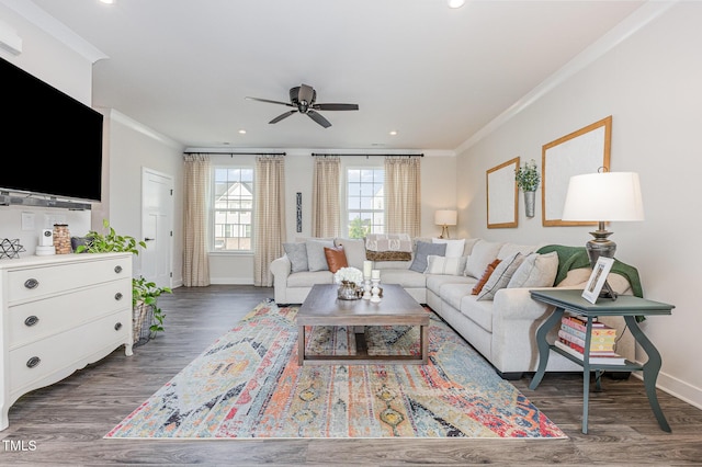 235 Misty Pike Dr, Raleigh, NC 27603 - living room with ornamental molding, a ceiling fan, wood finished floors, and recessed lighting