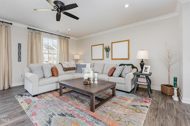 235 Misty Pike Dr, Raleigh, NC 27603 - living room with a ceiling fan, crown molding, wood finished floors, and recessed lighting