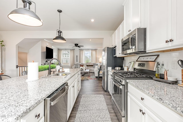 235 Misty Pike Dr, Raleigh, NC 27603 - kitchen featuring stainless steel appliances, a ceiling fan, dark wood finished floors, open floor plan, and white cabinetry
