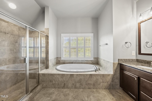 7112 Hasentree Way, Wake Forest, NC 27587 - full bathroom with a bath, vanity, a shower stall, and tile patterned flooring