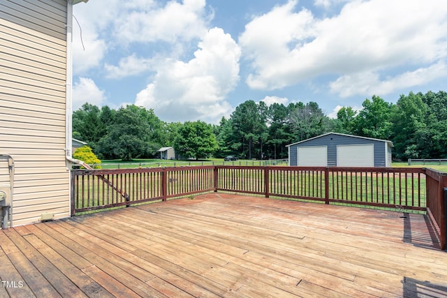 3542 Anderson Valley Rd, Mcleansville, NC 27301 - wooden terrace featuring an outbuilding, a garage, and view of scattered trees