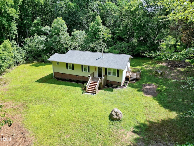 8905 Dukes Lake Rd, Zebulon, NC 27597 - view of front of house featuring crawl space, roof with shingles, a front lawn, and stairs