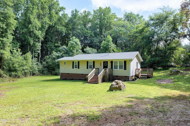 8905 Dukes Lake Rd, Zebulon, NC 27597 - single story home featuring crawl space, a front yard, and a deck