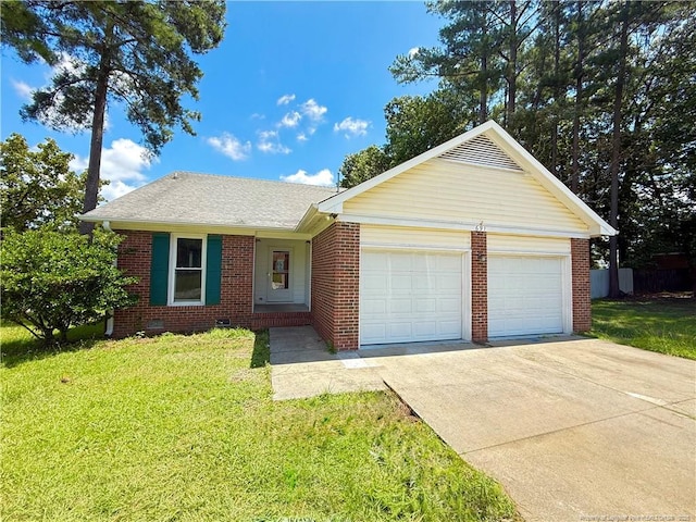 691 Prestige Blvd, Fayetteville, NC 28314 - ranch-style house with an attached garage, brick siding, concrete driveway, a front yard, and roof with shingles