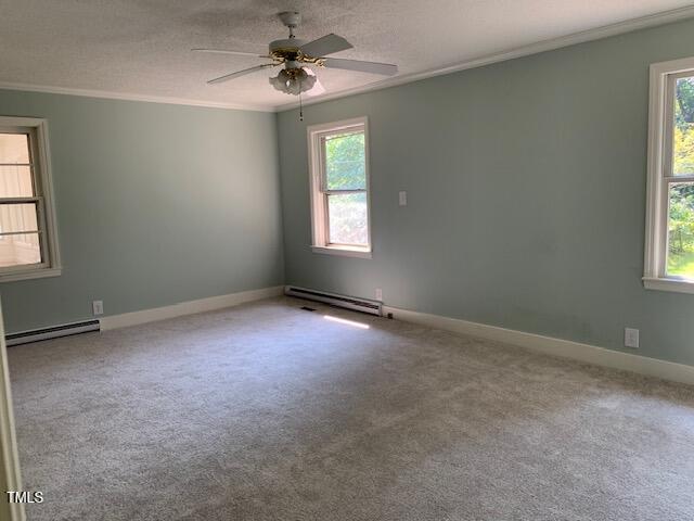 1003 Summerville Mamers Rd, Lillington, NC 27546 - carpeted empty room with ornamental molding, plenty of natural light, and baseboard heating