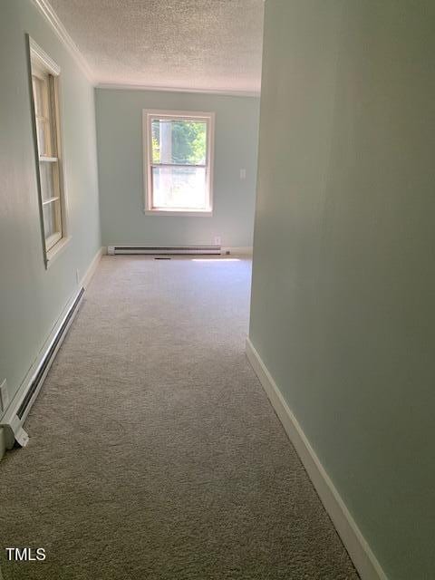 1003 Summerville Mamers Rd, Lillington, NC 27546 - spare room with carpet, baseboard heating, a textured ceiling, and ornamental molding