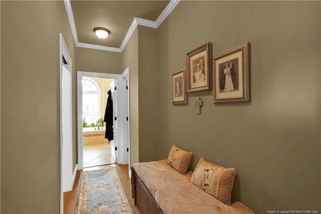 2825 Sand Trap Ln, Hope Mills, NC 28348 - corridor with light wood-style floors and ornamental molding