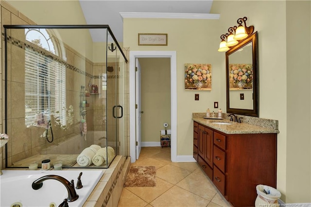 2825 Sand Trap Ln, Hope Mills, NC 28348 - bathroom featuring a whirlpool tub, a shower stall, double vanity, tile patterned flooring, and crown molding