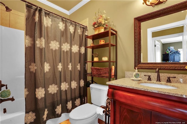 2825 Sand Trap Ln, Hope Mills, NC 28348 - bathroom with ornamental molding, vanity, and shower / tub combo with curtain