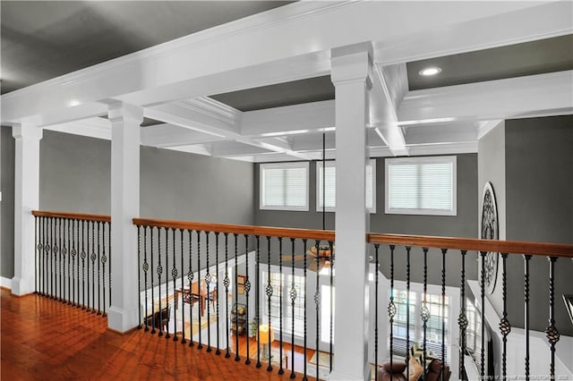 2825 Sand Trap Ln, Hope Mills, NC 28348 - corridor with crown molding, coffered ceiling, beamed ceiling, recessed lighting, and ornate columns