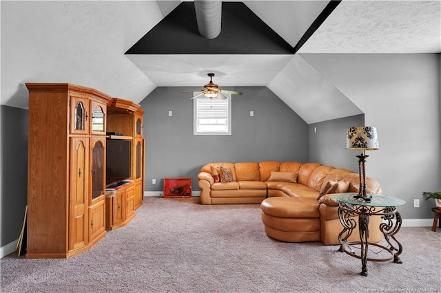 2825 Sand Trap Ln, Hope Mills, NC 28348 - living room with light colored carpet, a ceiling fan, and lofted ceiling