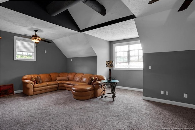 2825 Sand Trap Ln, Hope Mills, NC 28348 - living room featuring a ceiling fan, a textured ceiling, carpet floors, and lofted ceiling