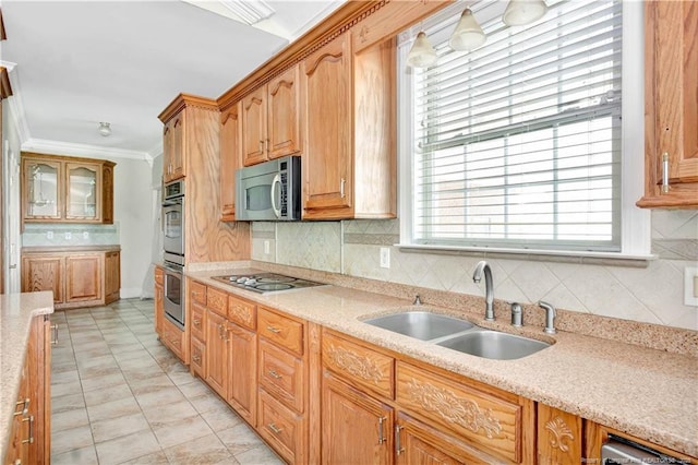 1190 Mckeller Rd, Fairmont, NC 28340 - kitchen featuring appliances with stainless steel finishes, tasteful backsplash, ornamental molding, light stone countertops, and light tile patterned flooring
