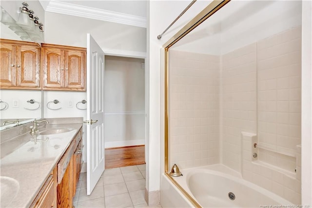 1190 Mckeller Rd, Fairmont, NC 28340 - bathroom with crown molding, tile patterned flooring, double vanity, and a combined bath / shower with jetted tub