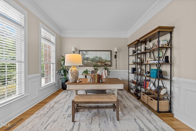 12510 Megan Hill Ct, Raleigh, NC 27614 - office space with ornamental molding, wainscoting, light wood-style flooring, and a decorative wall