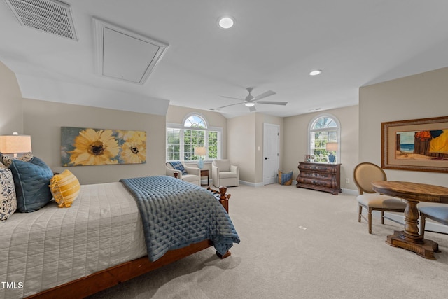 12510 Megan Hill Ct, Raleigh, NC 27614 - carpeted bedroom featuring attic access, multiple windows, a ceiling fan, and recessed lighting