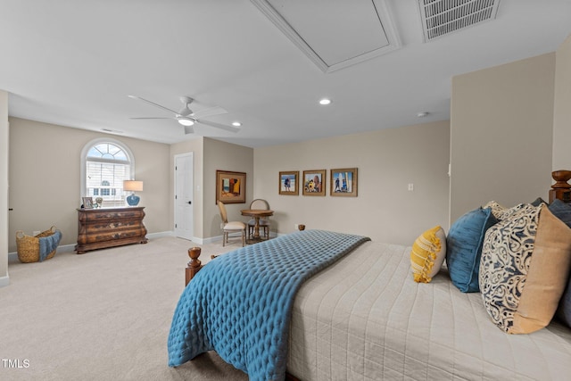 12510 Megan Hill Ct, Raleigh, NC 27614 - bedroom featuring attic access, carpet floors, recessed lighting, and a ceiling fan