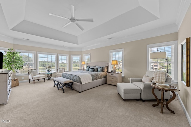 12510 Megan Hill Ct, Raleigh, NC 27614 - bedroom with a raised ceiling, light colored carpet, ceiling fan, and crown molding