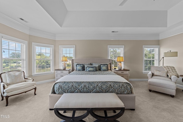 12510 Megan Hill Ct, Raleigh, NC 27614 - bedroom with light colored carpet, a tray ceiling, multiple windows, and crown molding