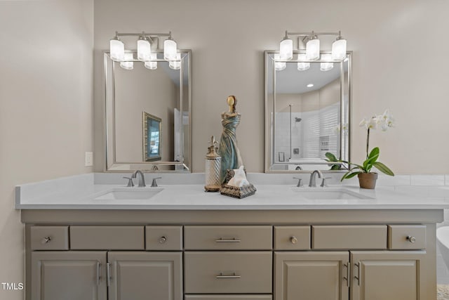12510 Megan Hill Ct, Raleigh, NC 27614 - bathroom featuring a shower with door, double vanity, and a tub to relax in