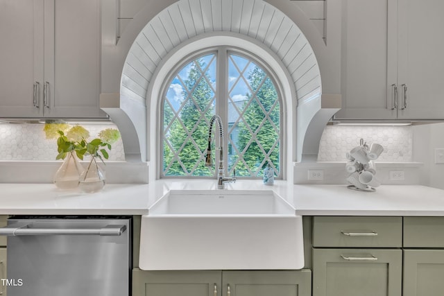 2203 Meadowcreek Dr, Durham, NC 27705 - kitchen with dishwasher, decorative backsplash, and green cabinetry