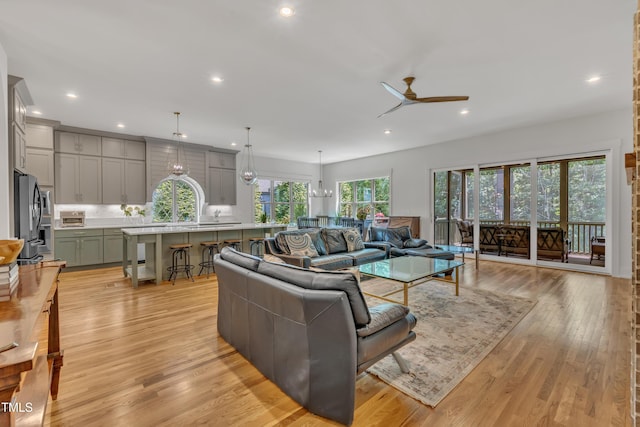 2203 Meadowcreek Dr, Durham, NC 27705 - living room with a ceiling fan, light wood-style flooring, and recessed lighting