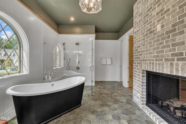 2203 Meadowcreek Dr, Durham, NC 27705 - full bath featuring plenty of natural light, a soaking tub, tile patterned flooring, and wooden ceiling