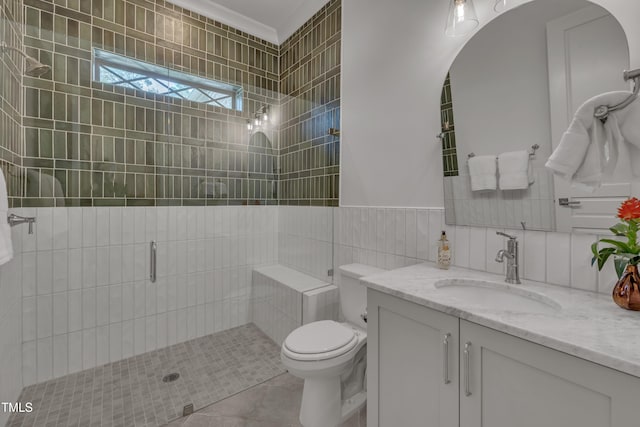 2203 Meadowcreek Dr, Durham, NC 27705 - bathroom featuring a stall shower, vanity, tile patterned floors, and tile walls
