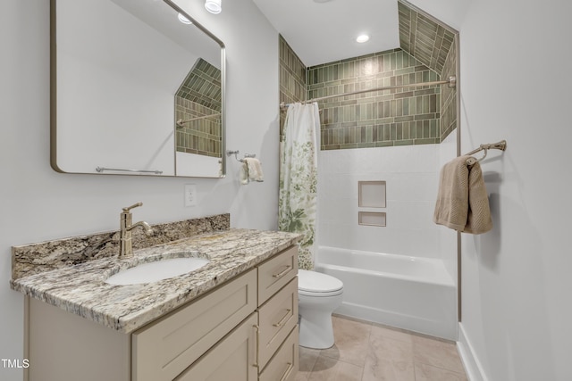 2203 Meadowcreek Dr, Durham, NC 27705 - full bathroom featuring vanity, shower / bath combination with curtain, tile patterned flooring, and recessed lighting