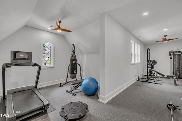 2203 Meadowcreek Dr, Durham, NC 27705 - workout room featuring ceiling fan, vaulted ceiling, and recessed lighting