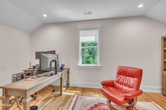 2203 Meadowcreek Dr, Durham, NC 27705 - office with vaulted ceiling, wood finished floors, and recessed lighting