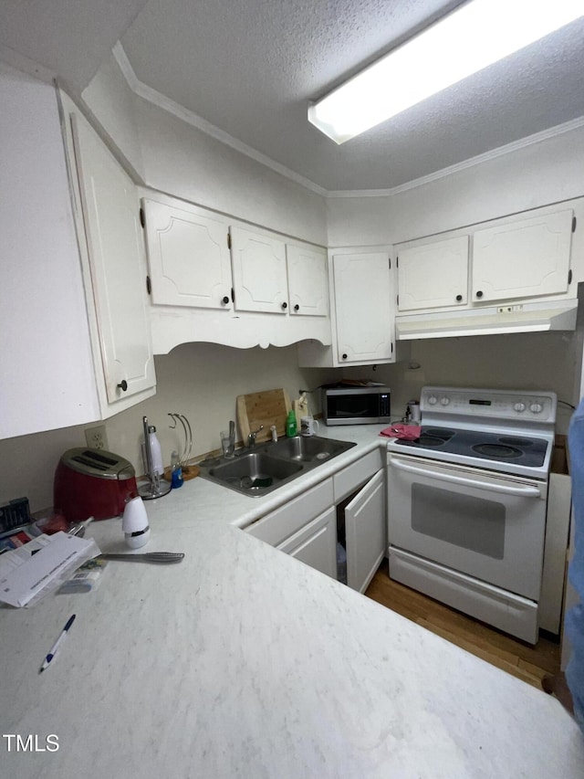 5612 Falls Of Neuse Rd Unit D, Raleigh, NC 27609 - kitchen featuring white electric range, under cabinet range hood, stainless steel microwave, white cabinetry, and a textured ceiling