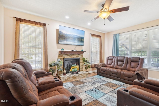683 Castleberry Rd, Clayton, NC 27527 - living room with ceiling fan, a fireplace, and recessed lighting