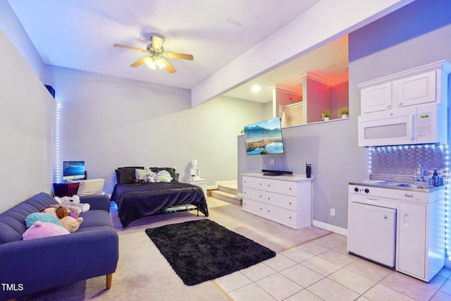 683 Castleberry Rd, Clayton, NC 27527 - bedroom featuring light carpet, light tile patterned flooring, and ceiling fan