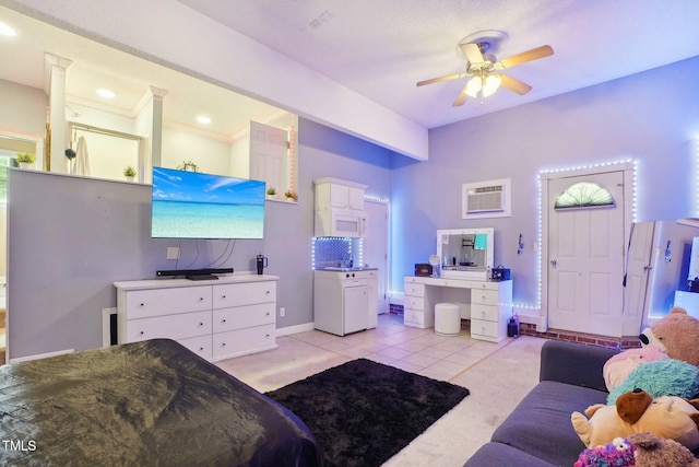 683 Castleberry Rd, Clayton, NC 27527 - living room featuring a ceiling fan, light tile patterned flooring, a wall mounted AC, and recessed lighting