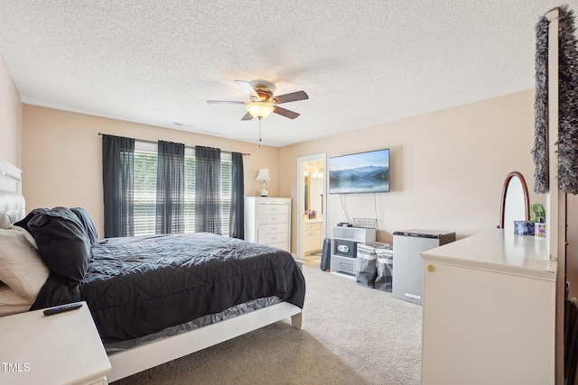 683 Castleberry Rd, Clayton, NC 27527 - bedroom with carpet, connected bathroom, a textured ceiling, ceiling fan, and fridge