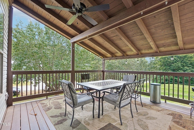 683 Castleberry Rd, Clayton, NC 27527 - wooden deck with a ceiling fan and outdoor dining area